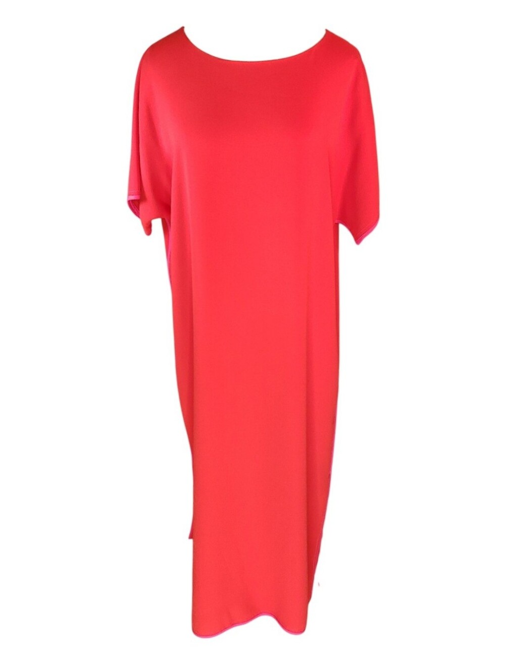 Escada Sport Vibrant Hot Pink Trim Red Cap Sleeve Column Shift Maxi Dress 42